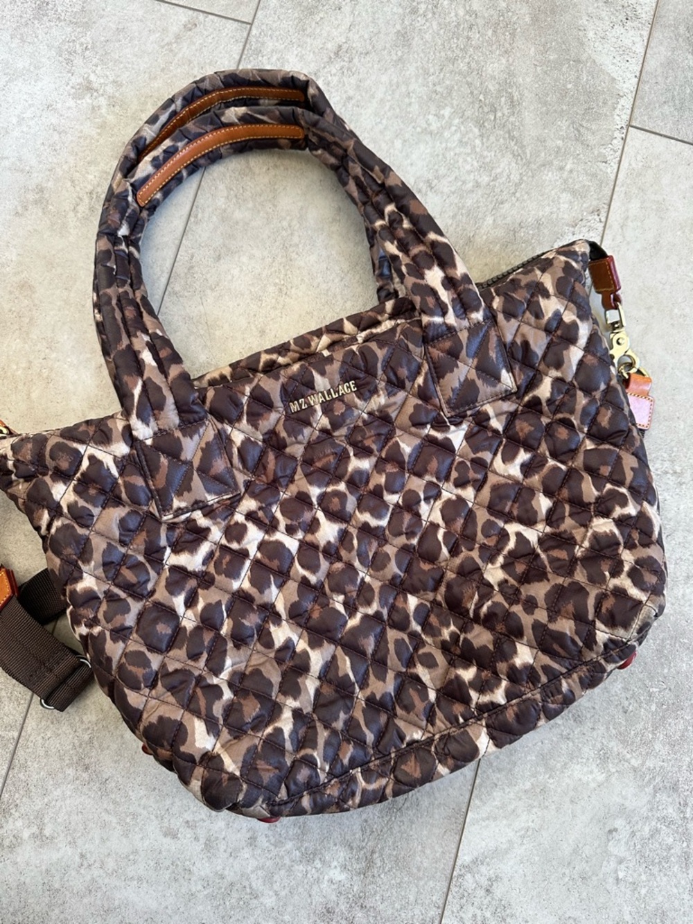 MZ Wallace Quilted Leopard-Print Tote in Brown and Cream
